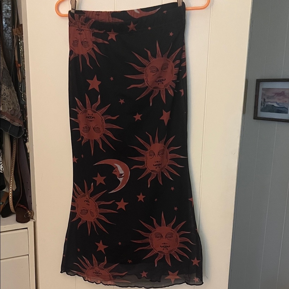 Black and Rust Sun and Moon Print Skirt